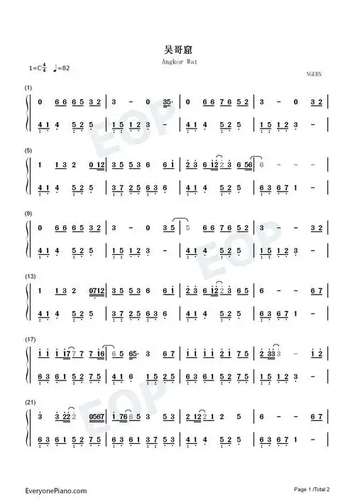 吴哥窟c调简单版双手简谱预览1