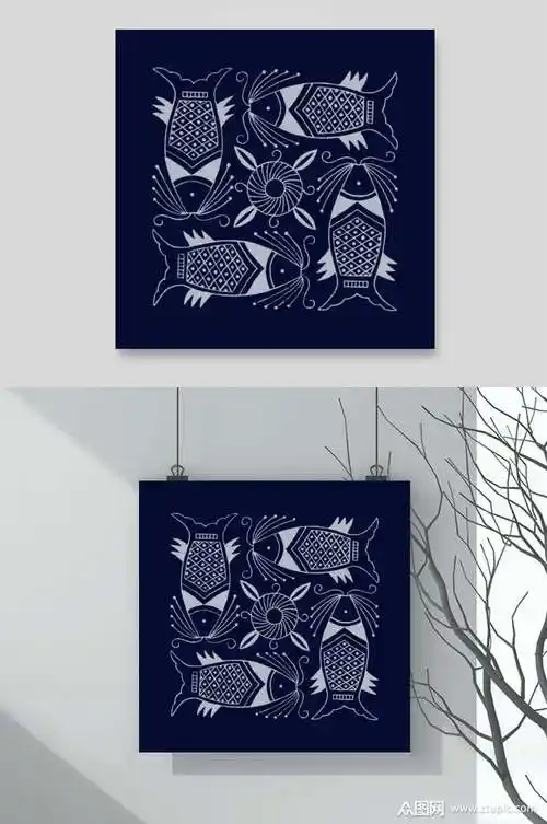 小鱼深蓝清新苗族蜡染图案矢量素材素材