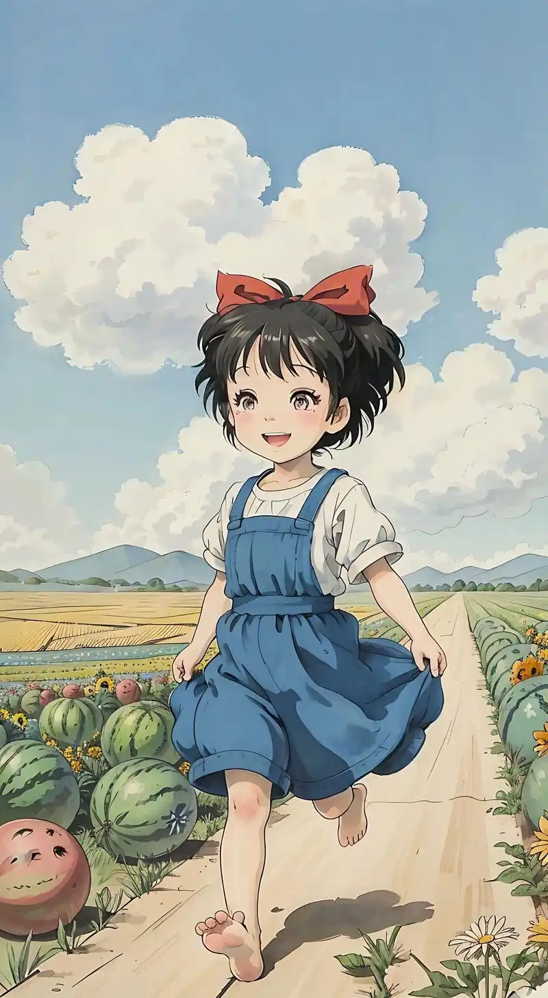 宫崎骏风格,炎热的夏日,小女孩欢快玩耍,阳光中奔跑着,这应该 - 抖音