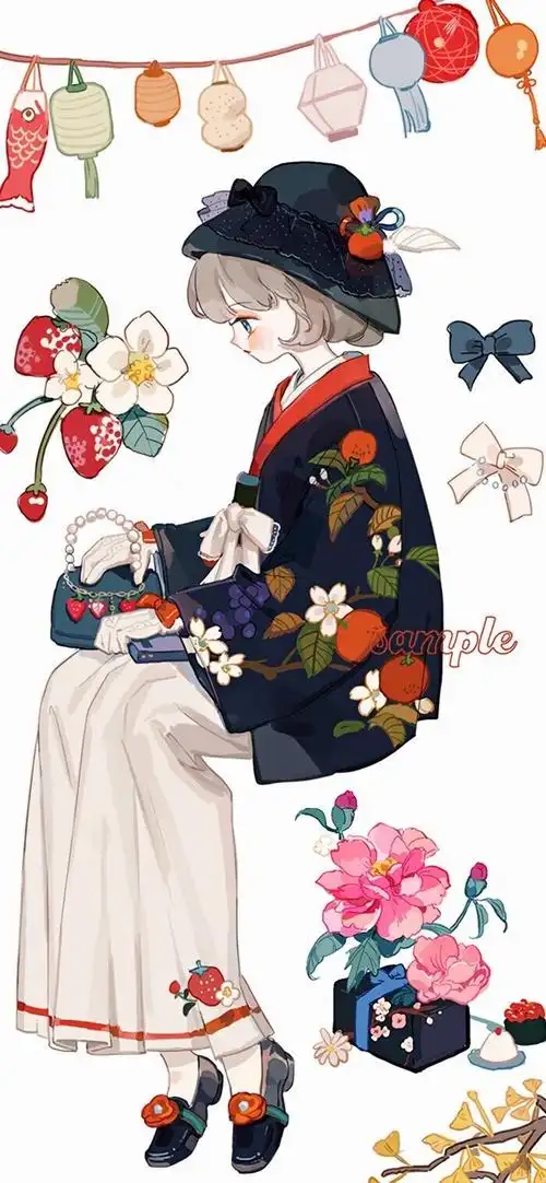 和风少女 cr:@普通的小狗 渐变纯色/手绘壁纸/聊天背景/小清新ins