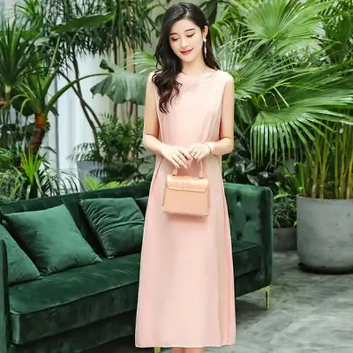 中年妈妈装棉绸连衣裙女夏装无袖中长款宽松大码显瘦沙滩大摆裙子1号