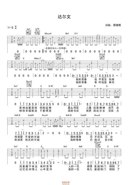 达尔文吉他谱简单版·蔡健雅《达尔文》吉他谱简单版g调_吉他163