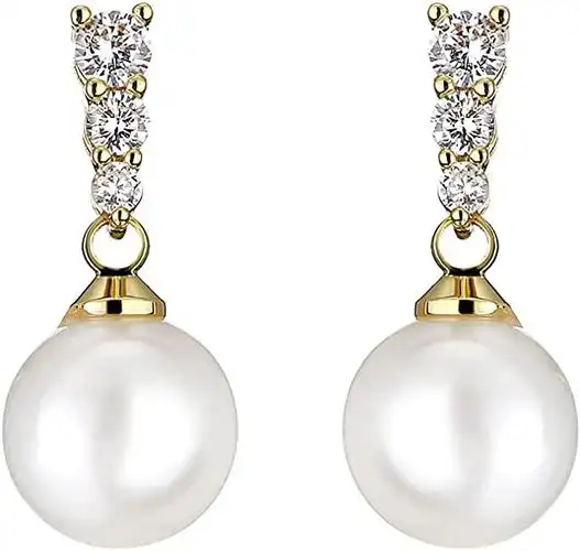 女士珍珠耳坠 金银方晶锆石珍珠耳环 女士新娘