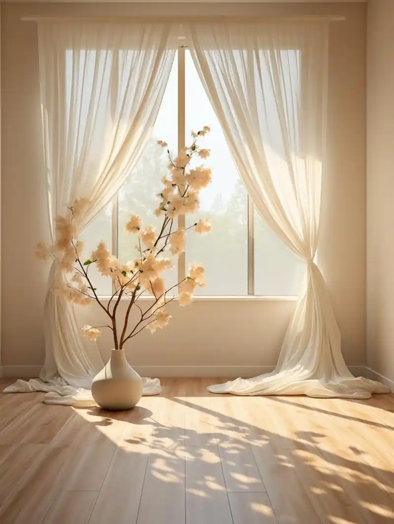 唯美之旅:大窗帘空镜下的家居电商海报展示  透过大窗户,米色轻柔窗纱
