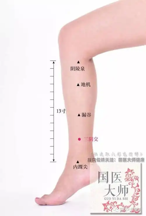 足内踝上面四寸,把大拇指放在腿部内侧抓过去,差不多食指上面就是