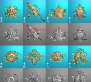 吉祥藏式八宝精雕图佛教八宝法器武器素材石雕图浮雕灰度雕刻图