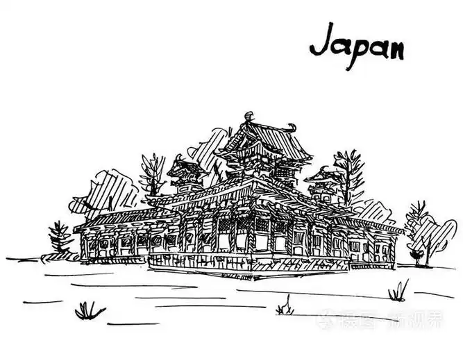 日本素描作品寺庙手绘明信片