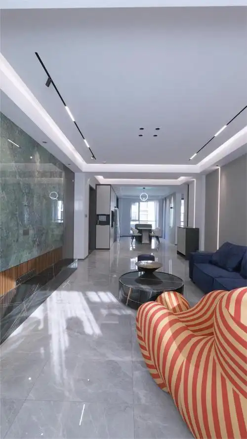 烟台装修现代风格装修,全屋大地砖通铺,整个空间看起来更高