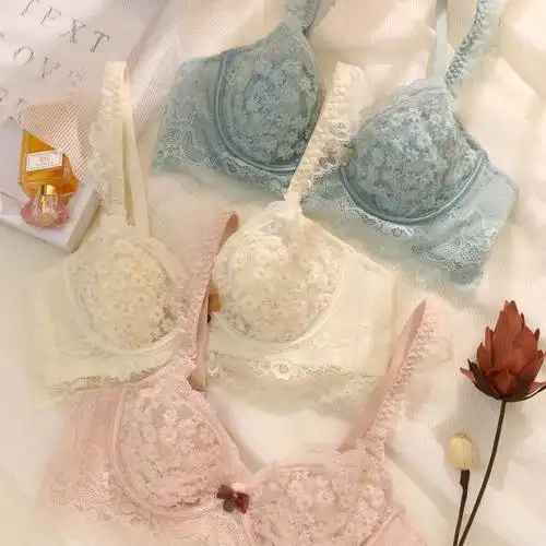 新款软钢圈蕾丝水晶杯文胸套装小雏菊刺绣 聚拢舒适胸罩乳胶内衣
