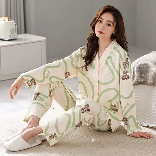 女士睡衣仿棉和服长袖长裤甜美两件套开衫家居服薄款2024春秋季