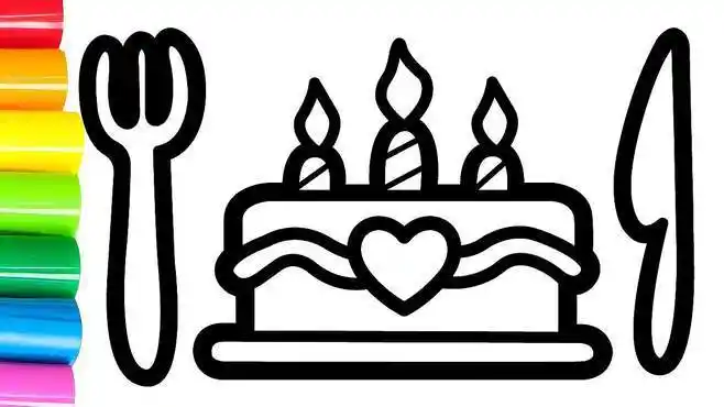 简笔画绘画带着刀叉吃蛋糕,蛋糕上面还有蜡烛,涂上颜色才更好看-母婴