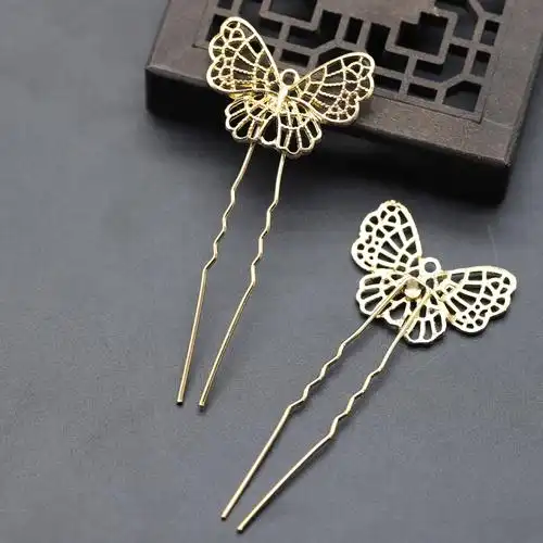 2个装 合金蝴蝶小u钗 diy古风手工步摇发簪材料