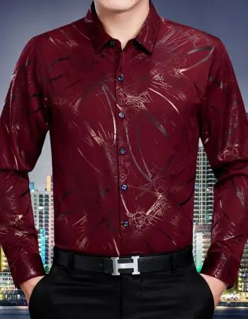 中年男士长袖花衬衫桑蚕丝休闲大码花衬衣免烫时尚衣服爸爸装 红色 a