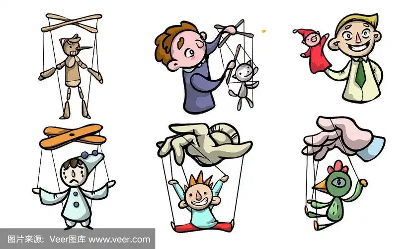 一套木偶,提线木偶和男孩木偶大师矢量插图