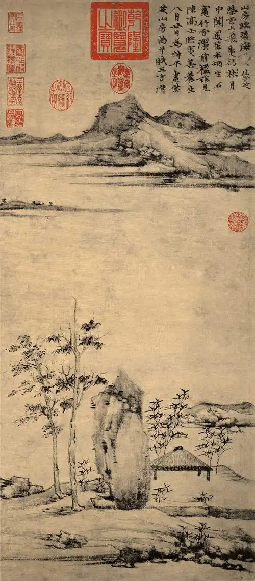 元倪瓒紫芝山房图轴80x35仿古画复制品山水画国画玄关书房挂画心