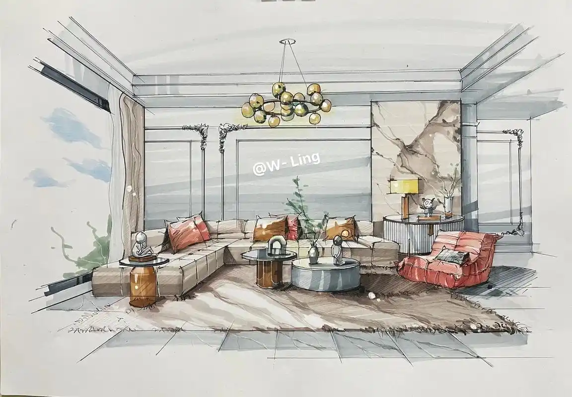 室内设计手绘效果图—客厅.风格:现代法式风格 灯看起来歪了一 - 抖音