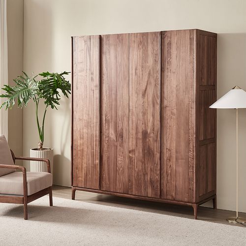 北美黑胡桃木四门衣橱意式极简全实木大衣柜家用卧室柜子成人北欧