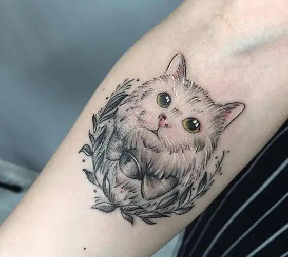 小清新猫咪纹身图片_成品手臂清新肖像动物原创植物纹身图案