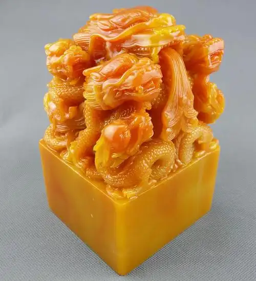 仿古寿山石石雕工艺 大九龙玉玺印章乾隆御印摆件 玉玺