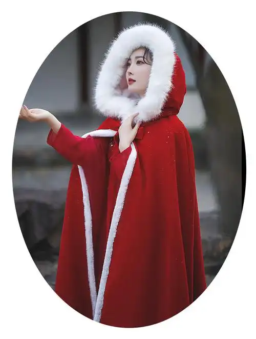 款毛领加绒加厚披风古装古风披肩冬季加棉zry 酒红色亮片斗篷--加绒款