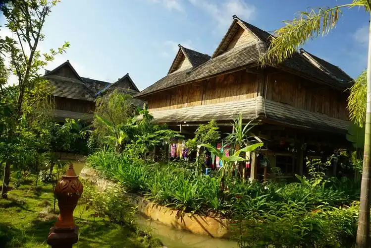 傣家人的村寨掩映在一片肥厚的绿荫之中.