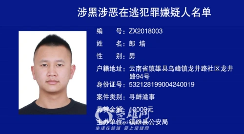 最高可奖1万元!云南镇雄警方悬赏通缉10名涉黑涉恶逃犯