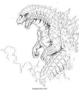 云霄中吼叫的哥斯拉涂色填色大全