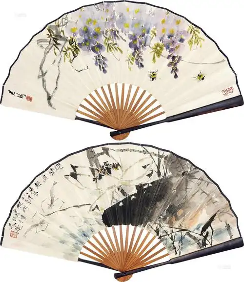 0628壬辰1952年作莲塘真趣紫藤蜜蜂成扇设色纸本