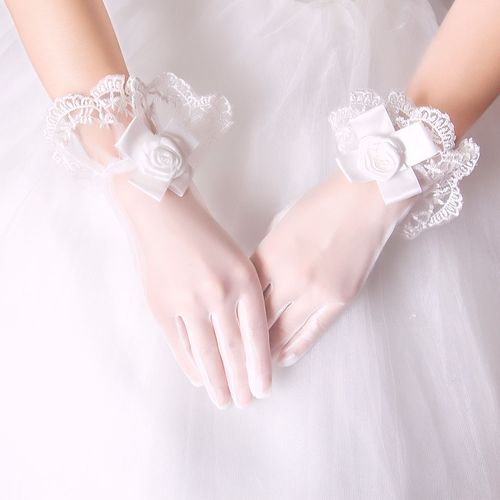 新款婚纱手套新娘春秋夏款蕾丝短手套结婚白色蝴蝶结镶钻珍珠薄纱