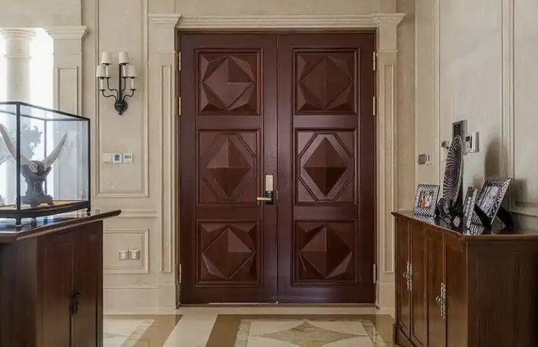 现代风格客厅双开入户门装修效果图棕色实木门图片