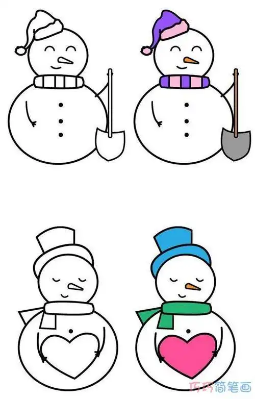 涂色小雪人怎么画带步骤图 小雪人简笔画图片卡通小白兔彩色简笔画