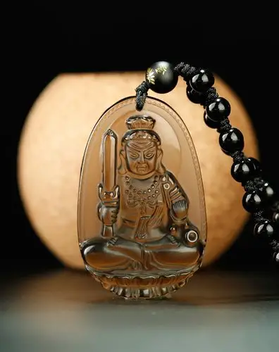 开光冰种黑曜石本命佛吊坠生肖属狗本命年不动明王文殊菩萨