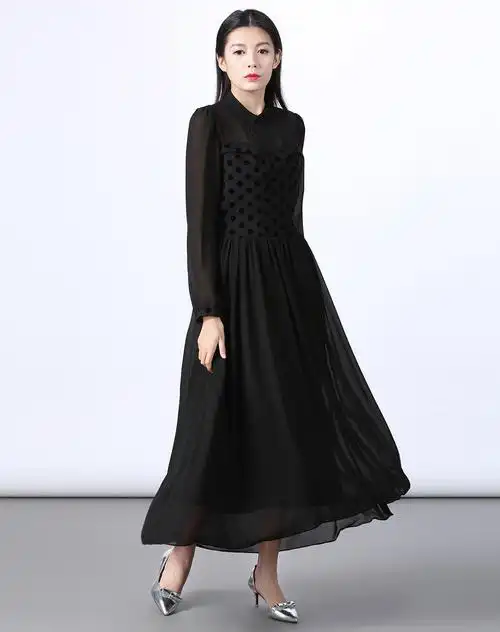黑色波点雪纺淑女连衣长裙