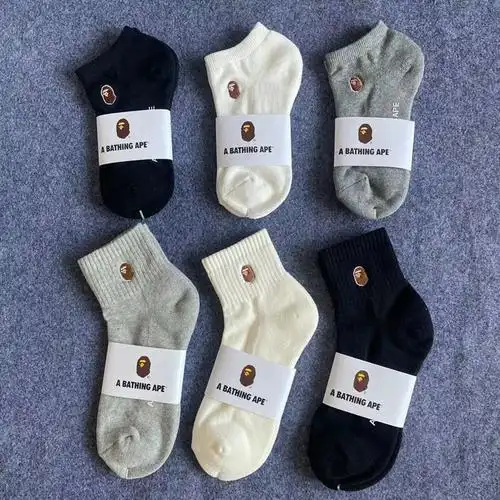 bape猿人头纯棉刺绣毛巾底袜子男女高筒潮袜黑白中筒吸汗运动船袜