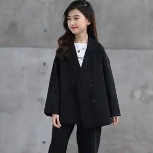 女童外套小西装黑色春季韩版童装中大童洋气时髦双排扣儿童便西服