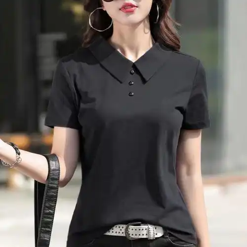黑色polo衫短袖t恤女2022年流行小衫新款宽松翻领体恤短款上衣服