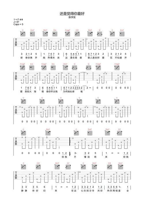 张学友《还是觉得你最好吉他谱》c调原版六线谱