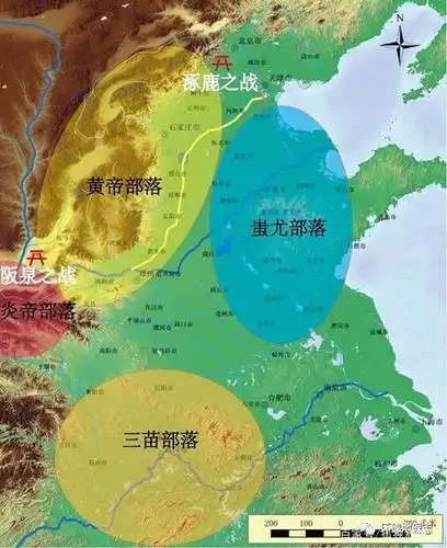 后因领土之争,发生了"阪泉之战"炎帝部落与黄帝部落发生冲突.