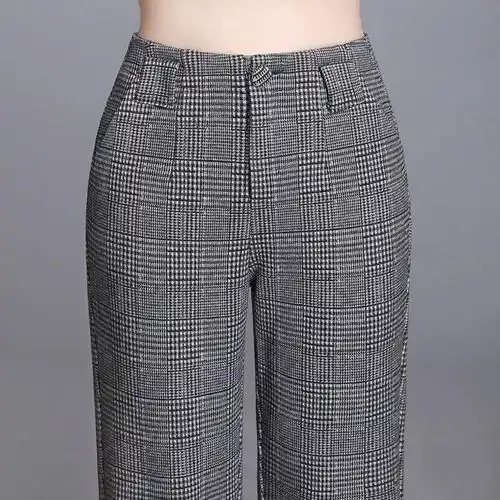 灰色格子女式秋季子女中高腰锥形裤女装休闲裤梨型身材裤九分裤子