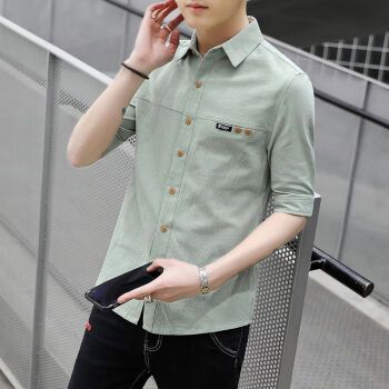 宣骄中袖衬衫男短袖士夏季韩版潮流青年修身棉麻衬衣装上衣服d17豆