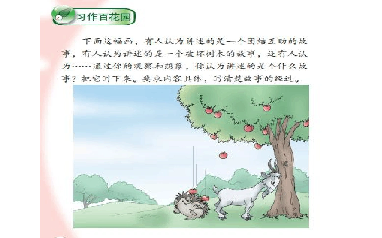 西师大版五年级上册习作3《刺猬和山羊团结互助的故事》看图作文范文