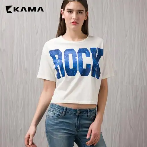 卡玛kama 春季女装短袖 时尚字母印花罗纹圆领短款t恤女7116557 白色