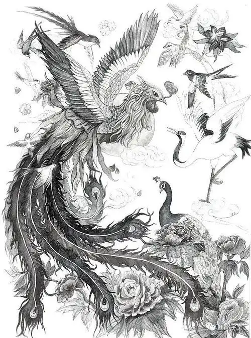 《南次三经》记载,凤凰全身上下是五彩的羽毛,头上的花纹是"德"字的