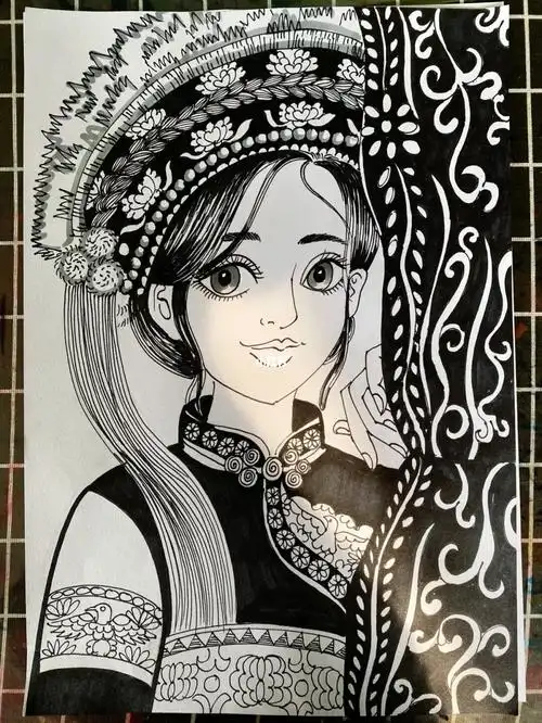 少数民族女线描画