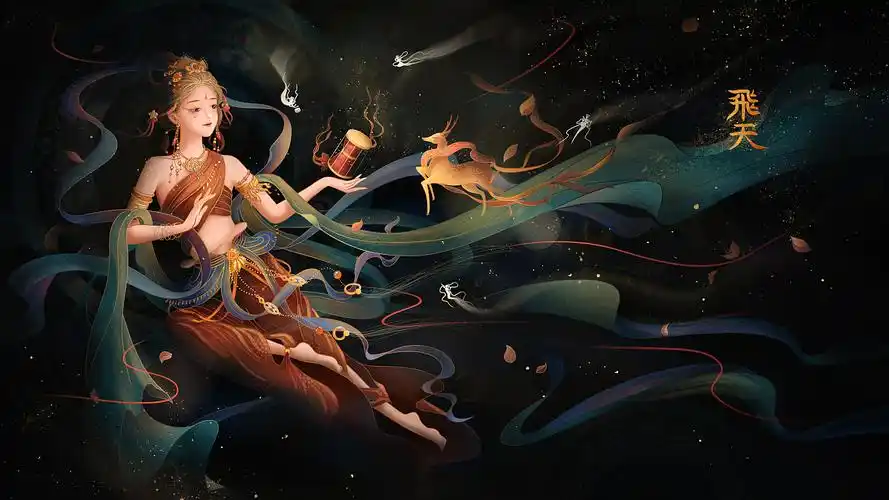 原创飞天手绘敦煌岩彩场景插画