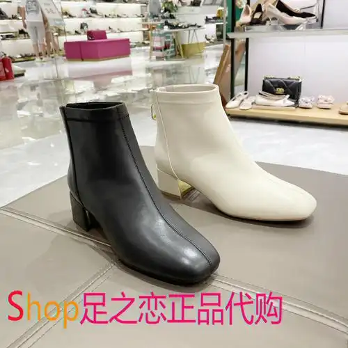 百丽女鞋短靴粗跟_专柜正品2021冬新款百丽粗跟时装靴牛皮时尚方头女
