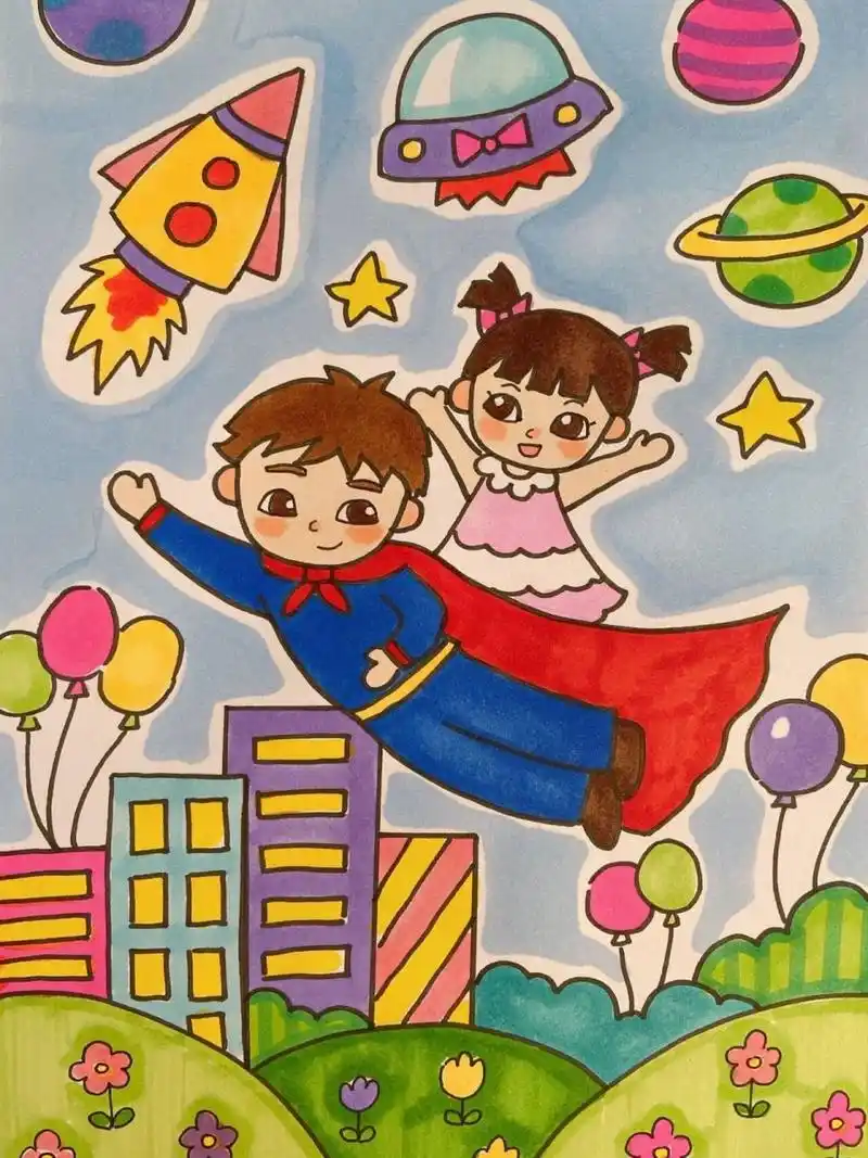 父亲节主题儿童画超人爸爸太空外星人简笔画