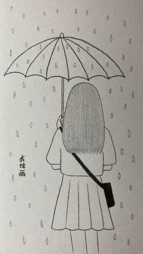 画雨中女孩背影