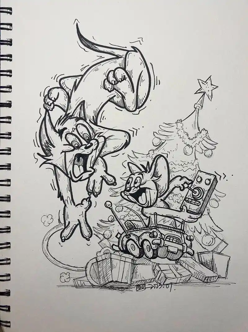 好喜欢猫抓老鼠这种小场景～#简笔画 #一起学画画 #黑白线描 - 抖音