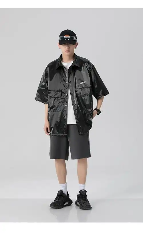 2021衬衫男感衬衣长袖宽松潮男搭配春外套潮流帅气亮面外套 黑色 m